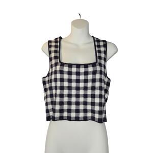 Staud Womens Large Trail Top Cropped Knit Tank Gingham Check Navy Blue Cropped